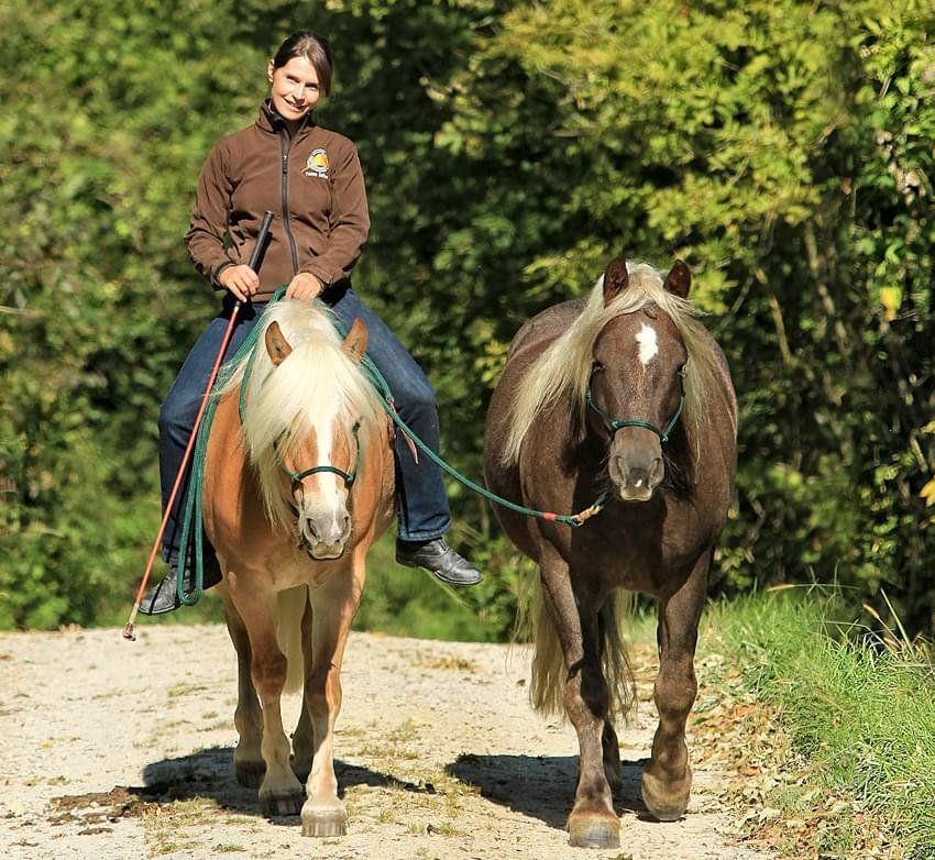 Bild Yvonne Salfner sitzt links auf einem Pferd und führt an der Hand ein zweites Pferd